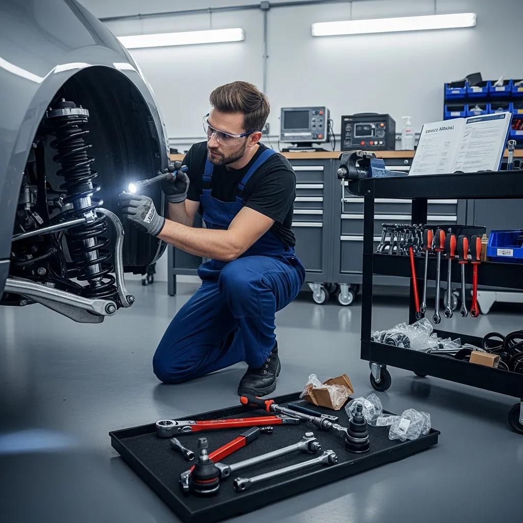 Mechanic inspecting vehicle suspension system in a garage
