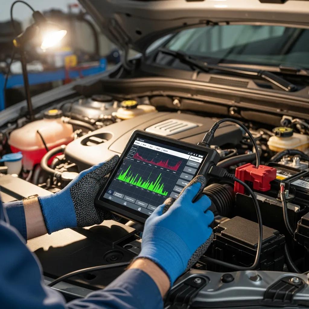 Mechanic using a diagnostic tool on a vehicle's engine, highlighting the role of diagnostics in vehicle maintenance