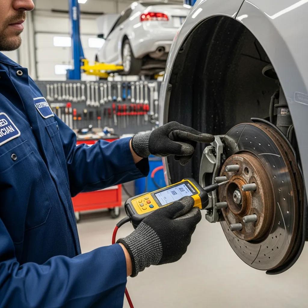Technician inspecting brake components with diagnostic tools in a professional workshop