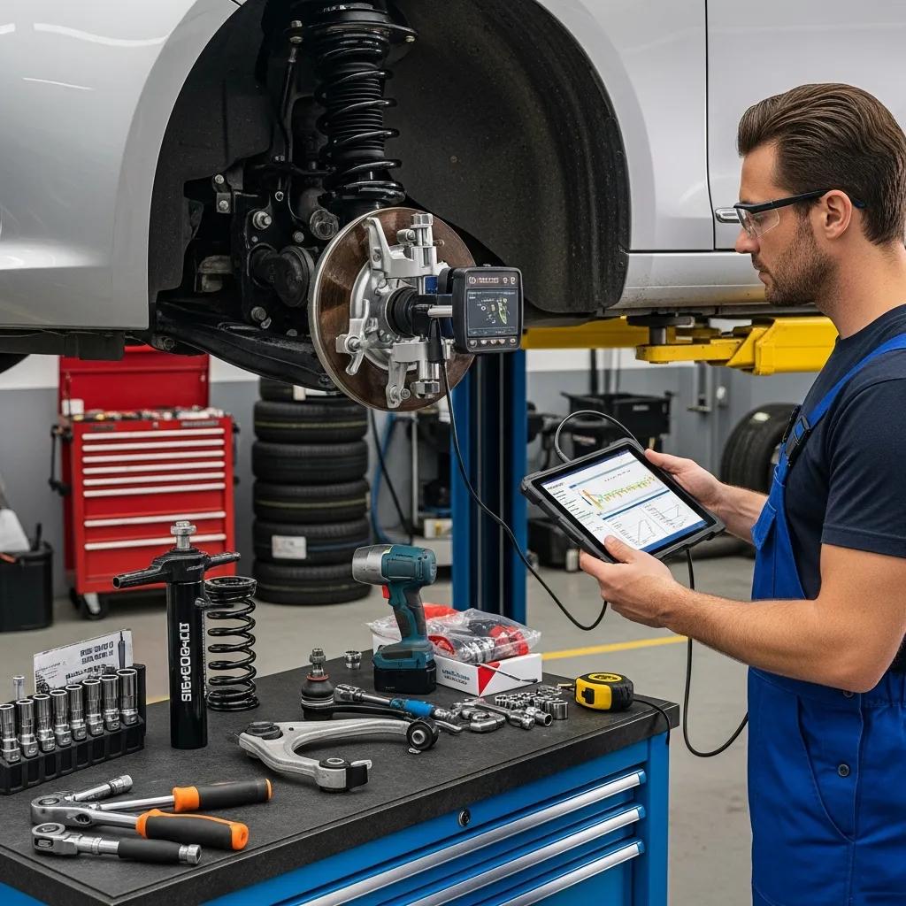 Auto technician performing a suspension diagnostic at an auto shop