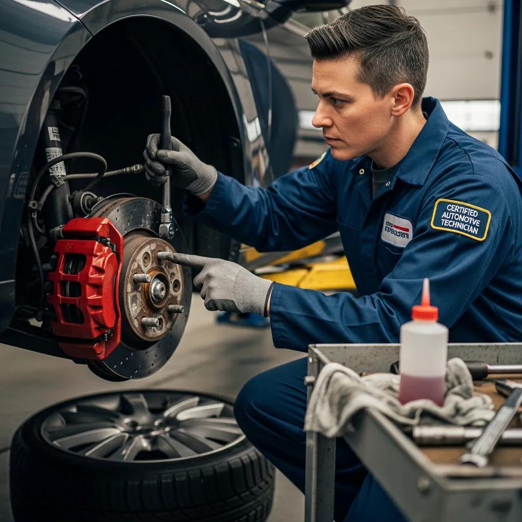 Technician repairing vehicle brakes, illustrating essential repairs for vehicle safety and performance