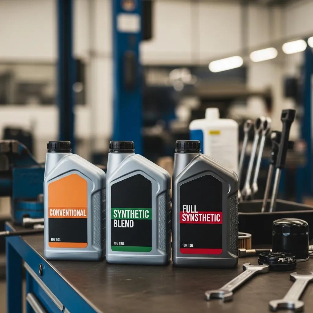 Three types of engine oil containers: conventional, synthetic blend, and full synthetic on a workbench