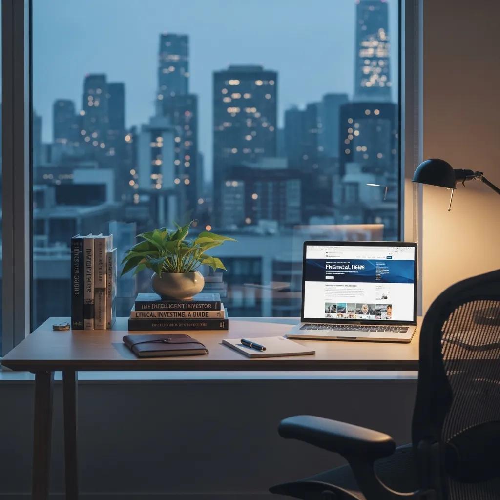 Office with city skyline, representing strategic thinking and responsible investing