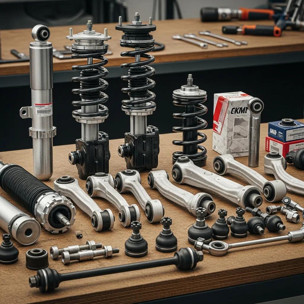 Shocks, struts, and control arms laid out on a workbench ready for service